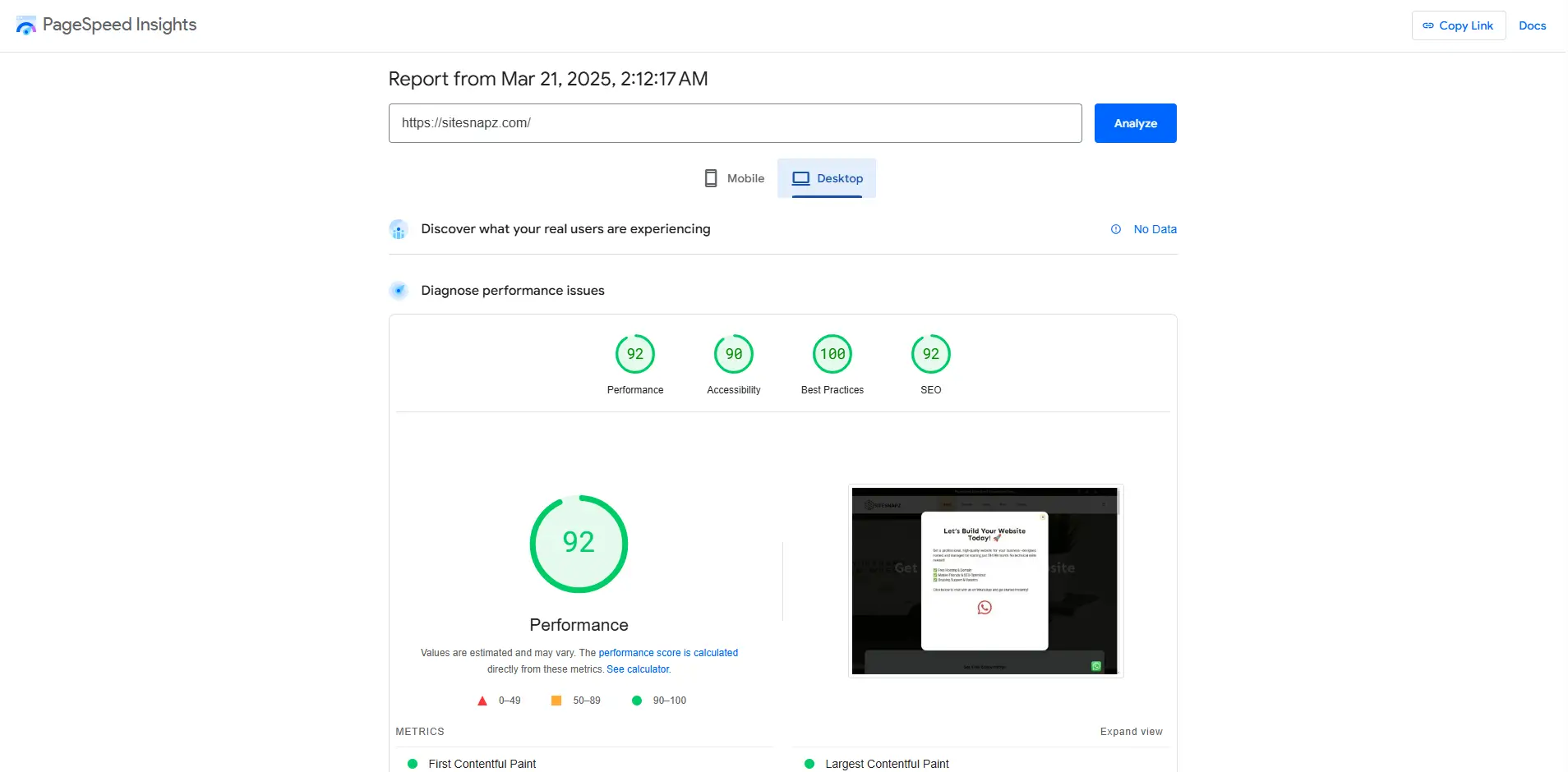 sitesnapz desktop speed